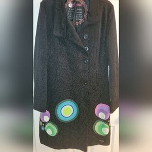Desigual Women's Elisabeth Black Jacquard Midi Pea Coat Size 44 M/L